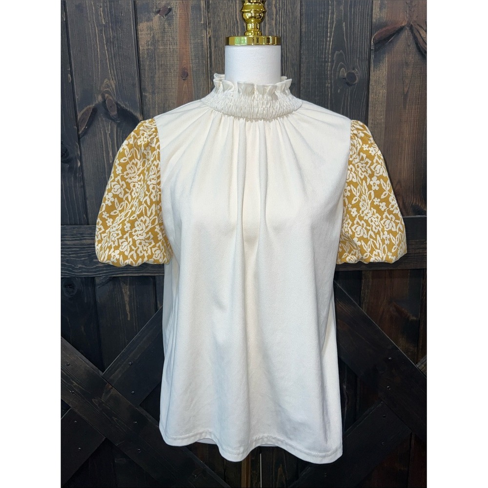 Voy Cream Mustard Yellow Puff Sleeve Top Ruffle Mock Neck Boho Chic Transitional